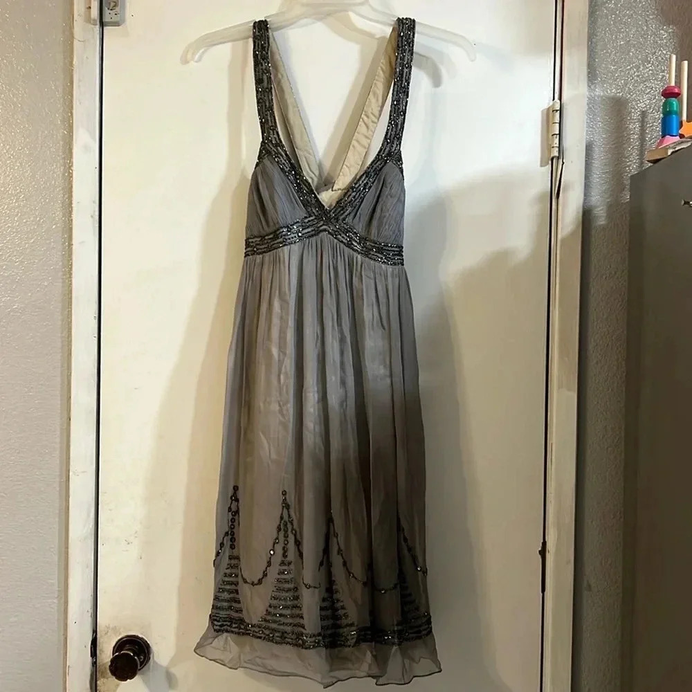 Adrianna Papell Evening Dress Gown Party Beaded Silver Gold Metallic Gray Midi